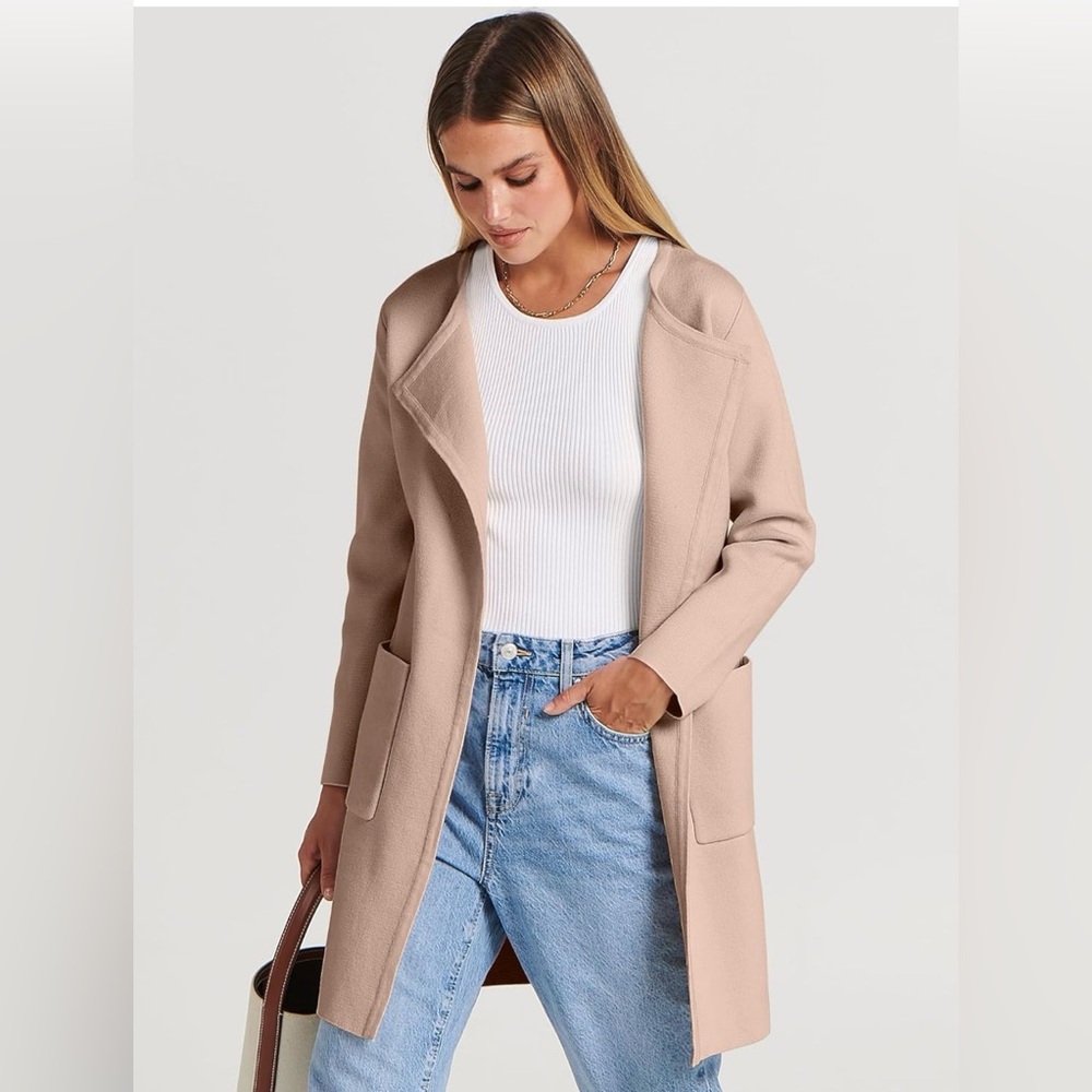 Camel Beige Long Cardigan Coat | Open Front Duster | Pockets New